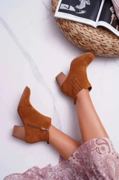 Botki Damskie Na Obcasie Zamszowe Camel Gomen