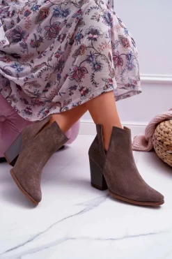 Botki Damskie Na Obcasie Wiosenne Skóra Zamsz Ciemne Cappuccino Nicole 2430