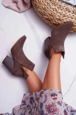 Botki Damskie Na Obcasie Wiosenne Skóra Zamsz Ciemne Cappuccino Nicole 2430