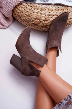 Botki Damskie Na Obcasie Wiosenne Skóra Zamsz Ciemne Cappuccino Nicole 2430
