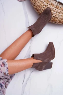 Botki Damskie Na Obcasie Wiosenne Skóra Zamsz Ciemne Cappuccino Nicole 2430