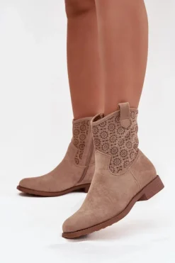 Botki Damskie Na Płaskim Obcasie Z Ażurowym Wzorem S.Barski HY52-530 Beżowe