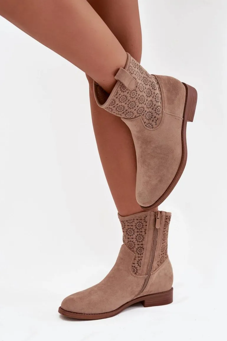 Botki Damskie Na Płaskim Obcasie Z Ażurowym Wzorem S.Barski HY52-530 Beżowe