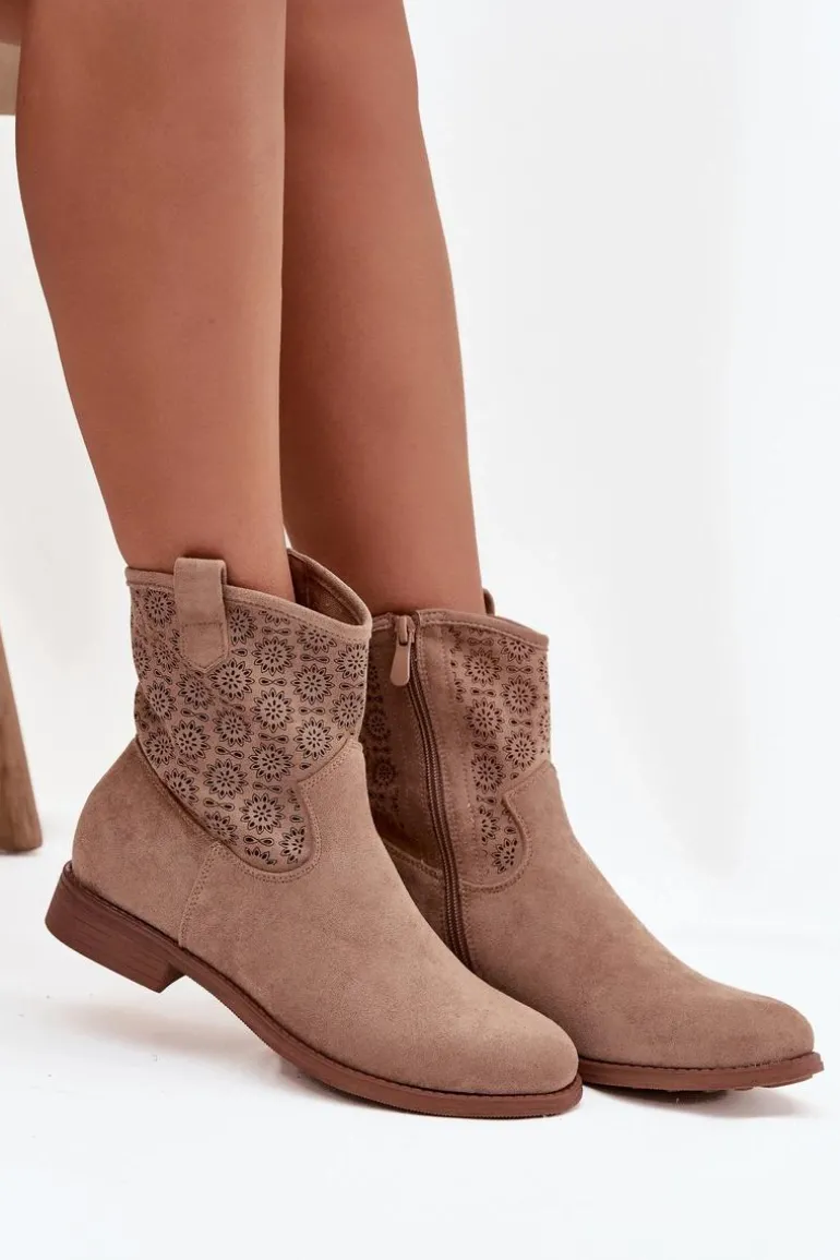 Botki Damskie Na Płaskim Obcasie Z Ażurowym Wzorem S.Barski HY52-530 Beżowe