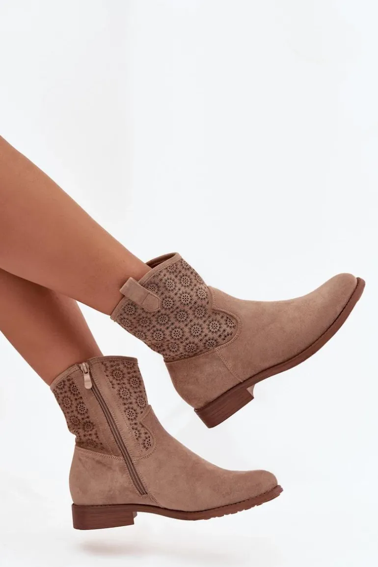 Botki Damskie Na Płaskim Obcasie Z Ażurowym Wzorem S.Barski HY52-530 Beżowe