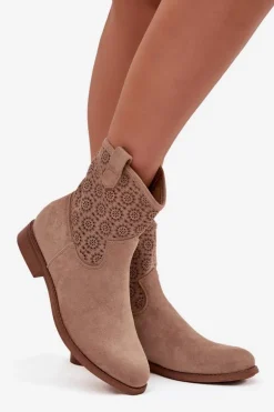 Botki Damskie Na Płaskim Obcasie Z Ażurowym Wzorem S.Barski HY52-530 Beżowe