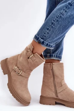 Botki Damskie Na Płaskim Obcasie Z Klamrami Beżowe Bliggore