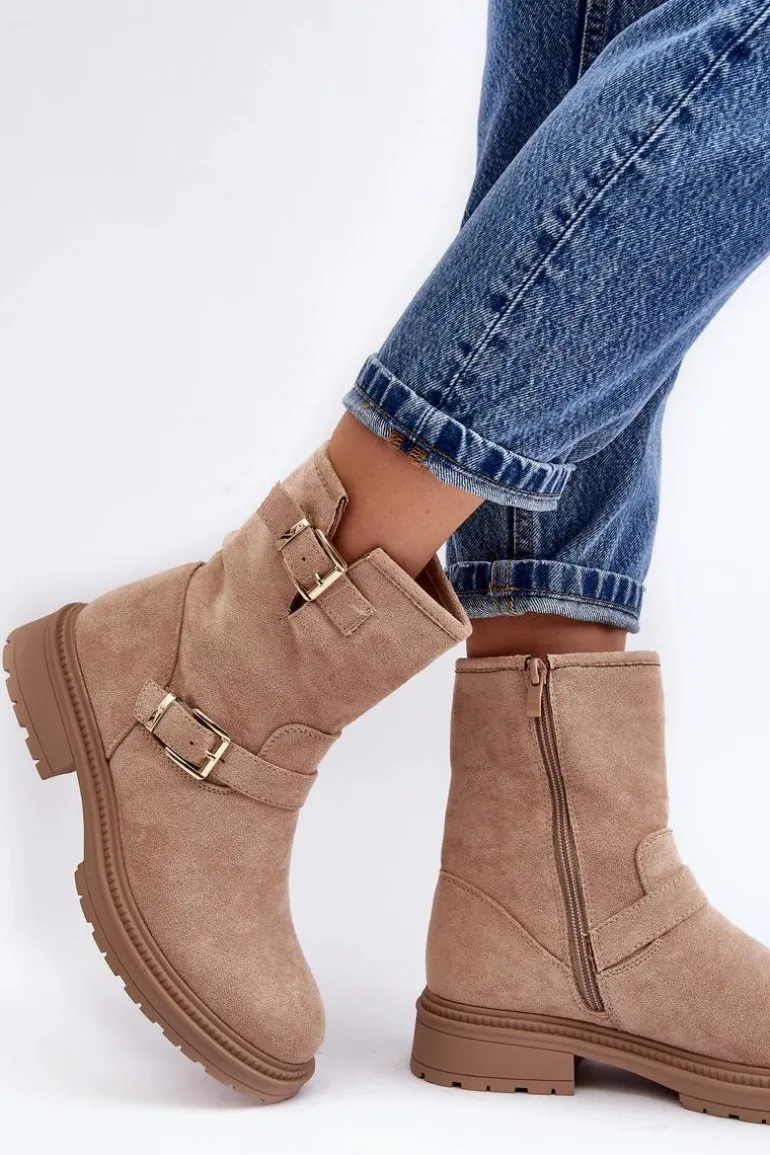 Botki Damskie Na Płaskim Obcasie Z Klamrami Beżowe Bliggore