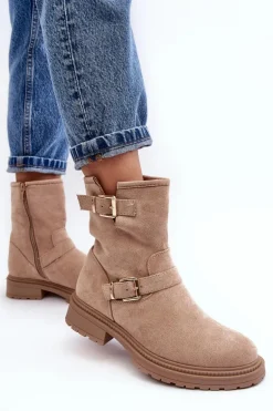 Botki Damskie Na Płaskim Obcasie Z Klamrami Beżowe Bliggore