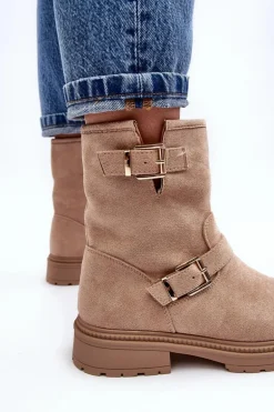 Botki Damskie Na Płaskim Obcasie Z Klamrami Beżowe Bliggore