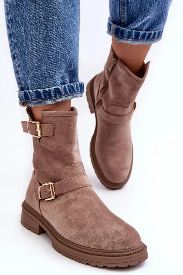 Botki Damskie Na Płaskim Obcasie Z Klamrami Ciemnobeżowe Bliggore