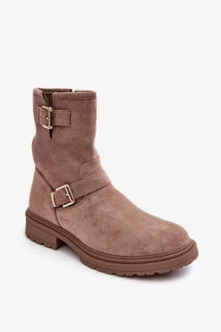 Botki Damskie Na Płaskim Obcasie Z Klamrami Ciemnobeżowe Bliggore