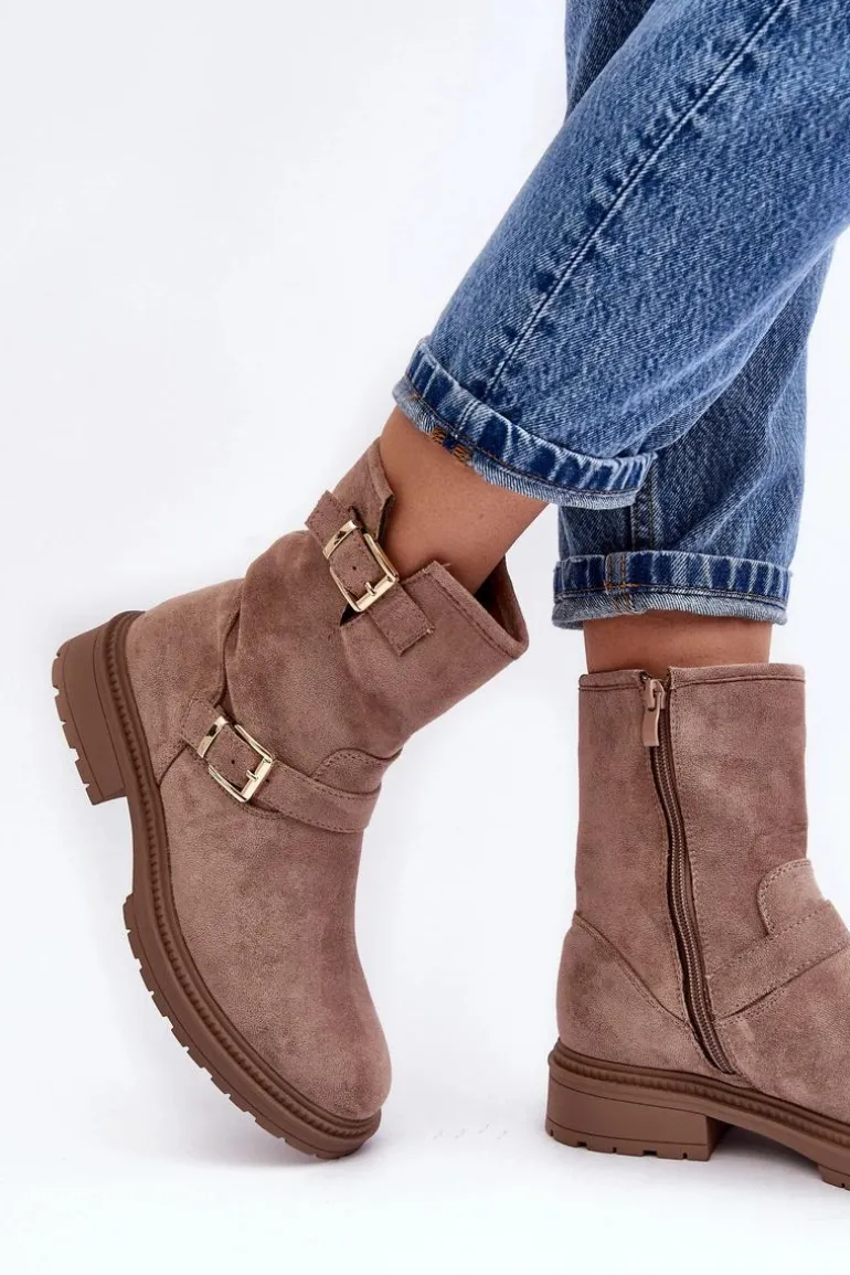 Botki Damskie Na Płaskim Obcasie Z Klamrami Ciemnobeżowe Bliggore