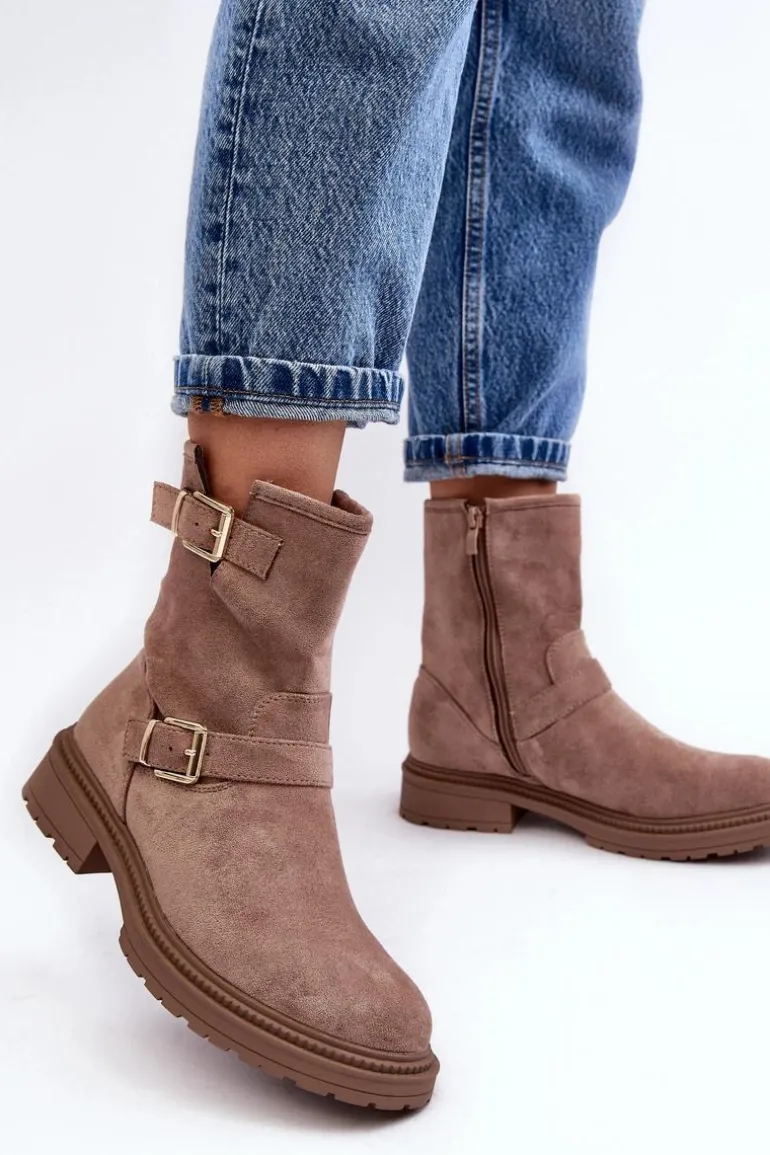 Botki Damskie Na Płaskim Obcasie Z Klamrami Ciemnobeżowe Bliggore