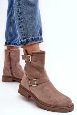Botki Damskie Na Płaskim Obcasie Z Klamrami Ciemnobeżowe Bliggore