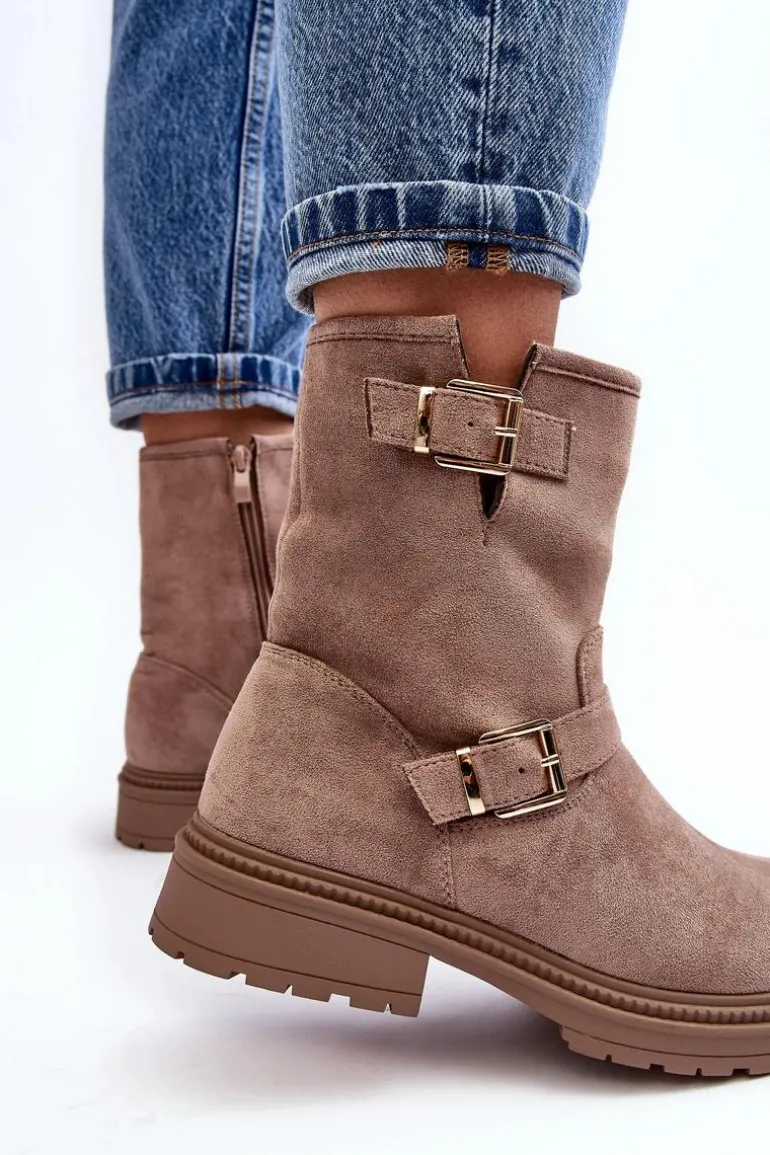 Botki Damskie Na Płaskim Obcasie Z Klamrami Ciemnobeżowe Bliggore