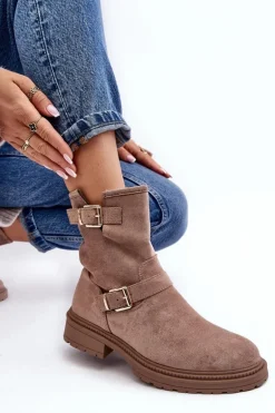 Botki Damskie Na Płaskim Obcasie Z Klamrami Ciemnobeżowe Bliggore