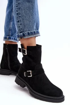 Botki Damskie Na Płaskim Obcasie Z Klamrami Czarne Bliggore