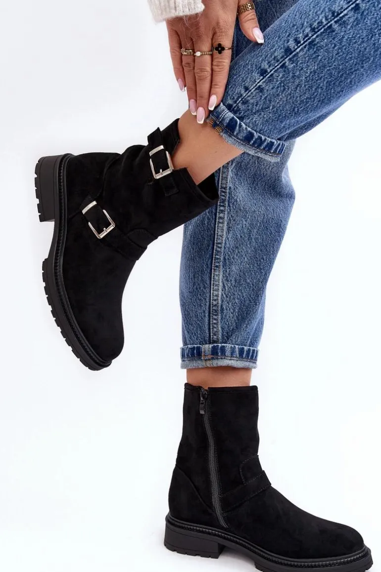 Botki Damskie Na Płaskim Obcasie Z Klamrami Czarne Bliggore
