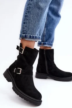 Botki Damskie Na Płaskim Obcasie Z Klamrami Czarne Bliggore