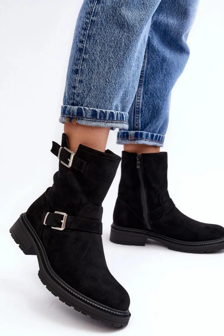 Botki Damskie Na Płaskim Obcasie Z Klamrami Czarne Bliggore