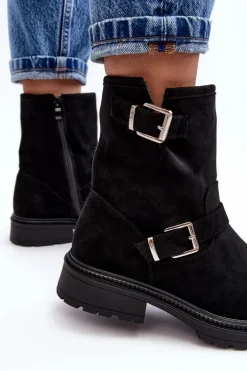 Botki Damskie Na Płaskim Obcasie Z Klamrami Czarne Bliggore