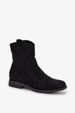 Botki Damskie Na Płaskim Obcasie Z Ażurowym Wzorem S.Barski HY52-530 Czarne