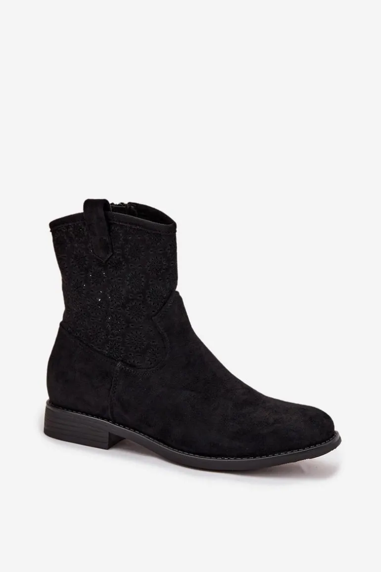 Botki Damskie Na Płaskim Obcasie Z Ażurowym Wzorem S.Barski HY52-530 Czarne