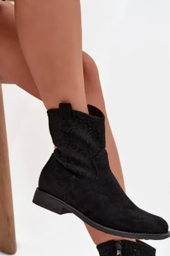 Botki Damskie Na Płaskim Obcasie Z Ażurowym Wzorem S.Barski HY52-530 Czarne