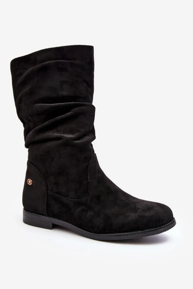 Botki Damskie Na Płaskim Obcasie Z Marszczoną Cholewką Czarne Kotine