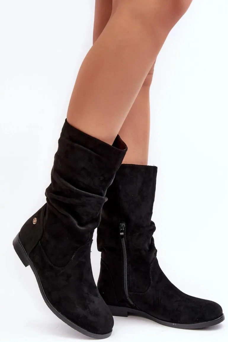 Botki Damskie Na Płaskim Obcasie Z Marszczoną Cholewką Czarne Kotine