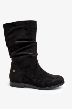 Botki Damskie Na Płaskim Obcasie Z Marszczoną Cholewką Czarne Kotine