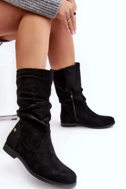Botki Damskie Na Płaskim Obcasie Z Marszczoną Cholewką Czarne Kotine