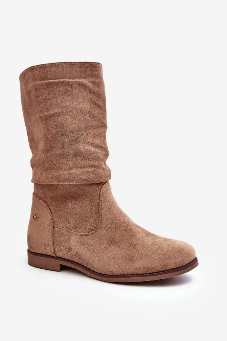 Botki Damskie Na Płaskim Obcasie Z Marszczoną Cholewką Beżowe Kotine