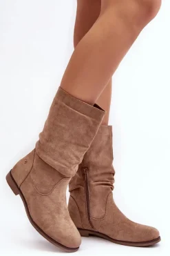 Botki Damskie Na Płaskim Obcasie Z Marszczoną Cholewką Beżowe Kotine