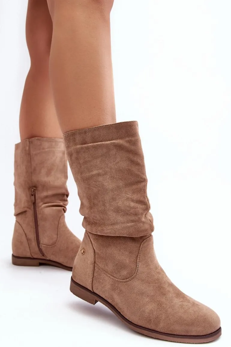 Botki Damskie Na Płaskim Obcasie Z Marszczoną Cholewką Beżowe Kotine