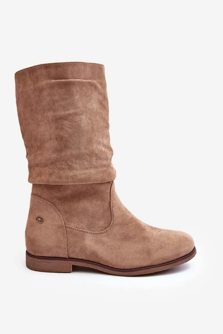 Botki Damskie Na Płaskim Obcasie Z Marszczoną Cholewką Beżowe Kotine