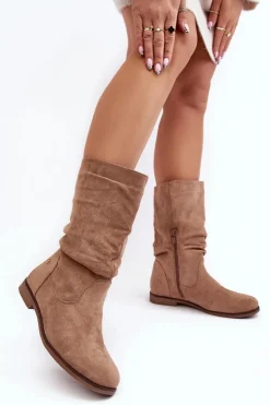 Botki Damskie Na Płaskim Obcasie Z Marszczoną Cholewką Beżowe Kotine