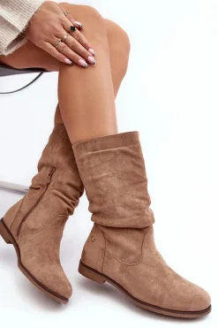 Botki Damskie Na Płaskim Obcasie Z Marszczoną Cholewką Beżowe Kotine