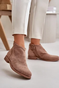 Botki Damskie Na Płaskim Obcasie Ażurowe Brązowe S.Barski HY42-076