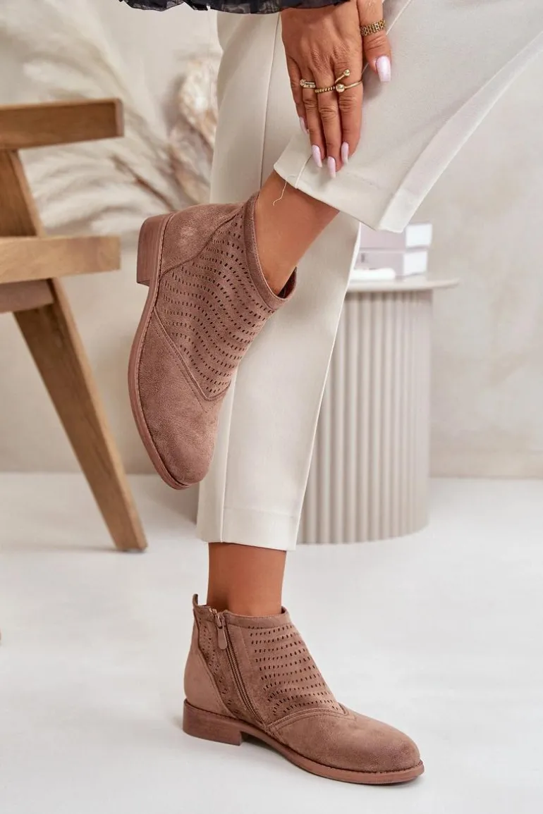 Botki Damskie Na Płaskim Obcasie Ażurowe Brązowe S.Barski HY42-076