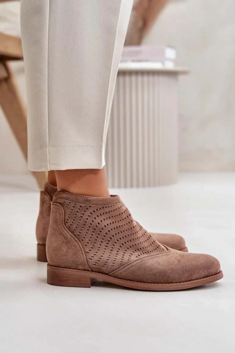 Botki Damskie Na Płaskim Obcasie Ażurowe Brązowe S.Barski HY42-076