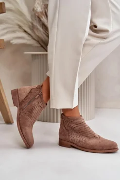Botki Damskie Na Płaskim Obcasie Ażurowe Brązowe S.Barski HY42-076