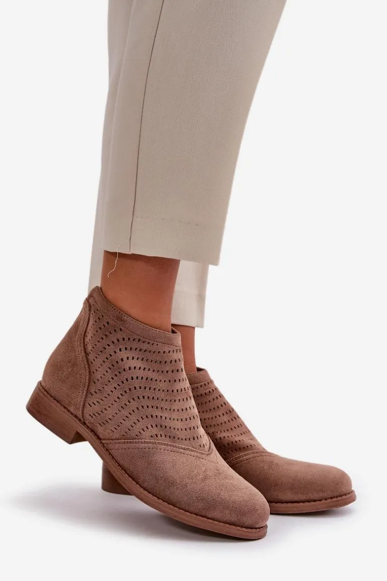 Botki Damskie Na Płaskim Obcasie Ażurowe Brązowe S.Barski HY42-076