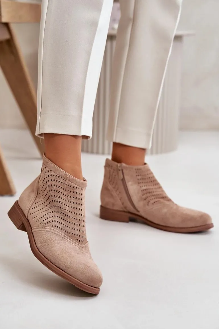 Botki Damskie Na Płaskim Obcasie Ażurowe Beżowe S.Barski HY42-076