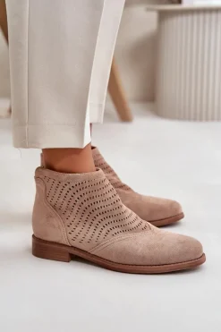 Botki Damskie Na Płaskim Obcasie Ażurowe Beżowe S.Barski HY42-076