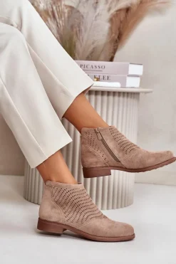 Botki Damskie Na Płaskim Obcasie Ażurowe Beżowe S.Barski HY42-076