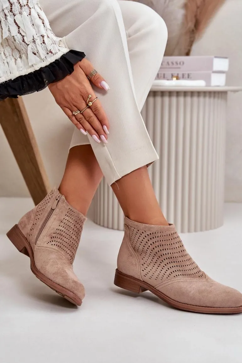 Botki Damskie Na Płaskim Obcasie Ażurowe Beżowe S.Barski HY42-076