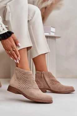 Botki Damskie Na Płaskim Obcasie Ażurowe Beżowe S.Barski HY42-076