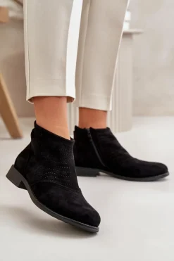 Botki Damskie Na Płaskim Obcasie Ażurowe Czarne S.Barski HY42-076